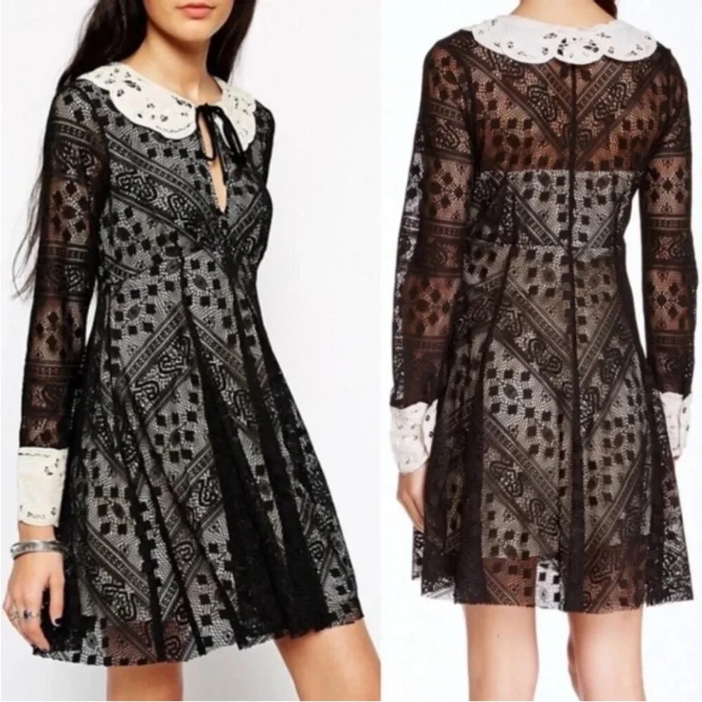 Free People  Talk That Talk Black Lace Dress with Cream Accents‎ Whimsygoth